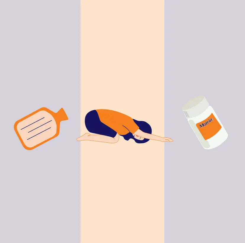 Illustration of a woman doing yoga with a heating pad and MOTRIN® bottle