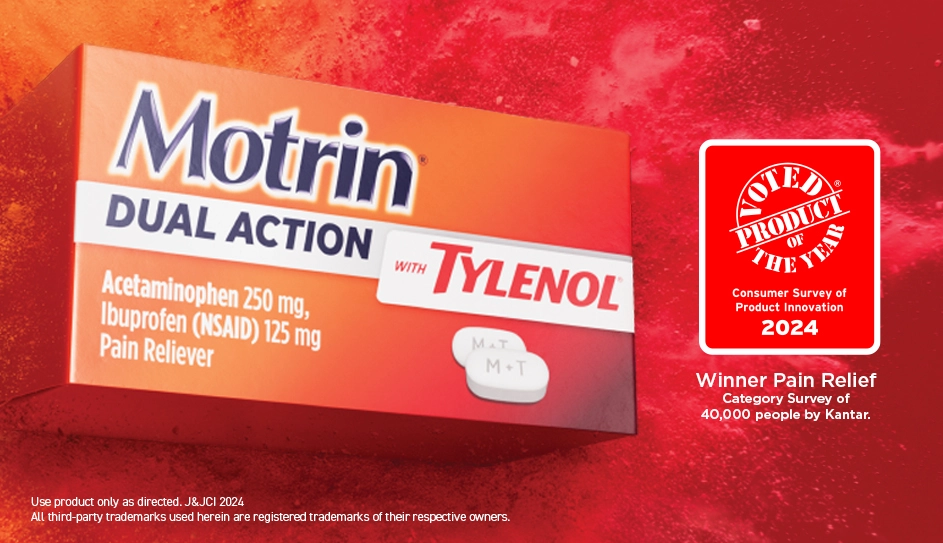 Motrin® Dual Action with Tylenol®, Ibuprofen and Acetaminophen, front of package in a orange and red background
