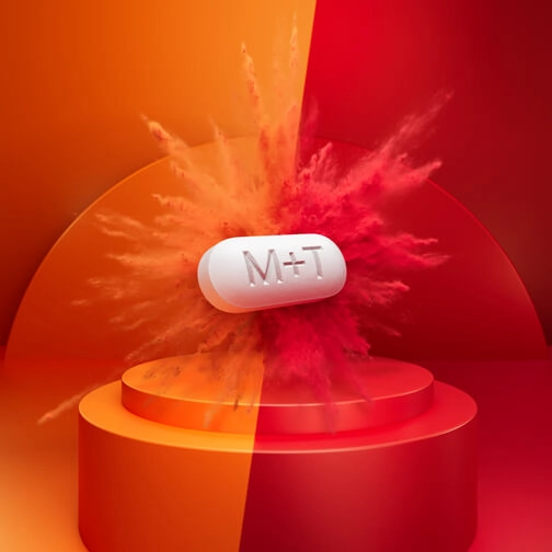 MOTRIN® and TYLENOL® tablet with an orange and red background