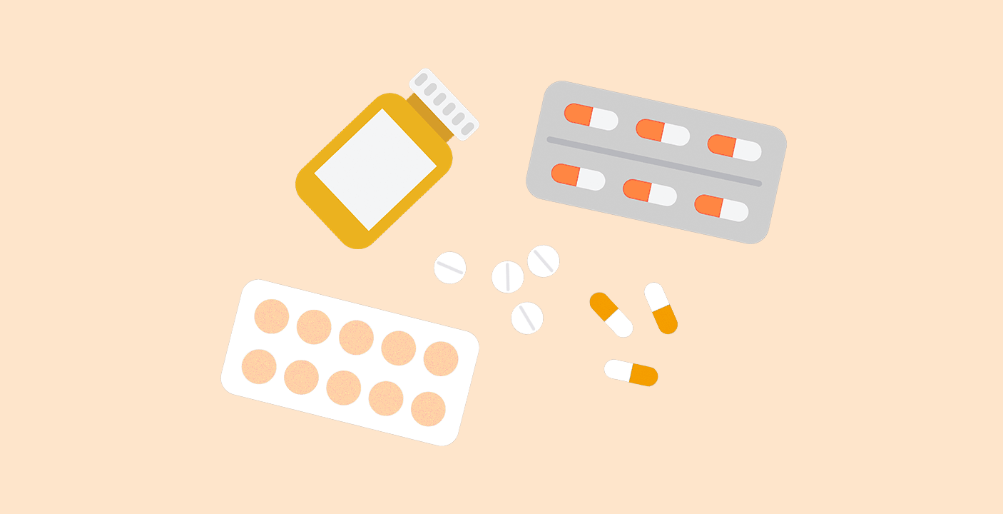 Illustration of adult medicine tablets and pills